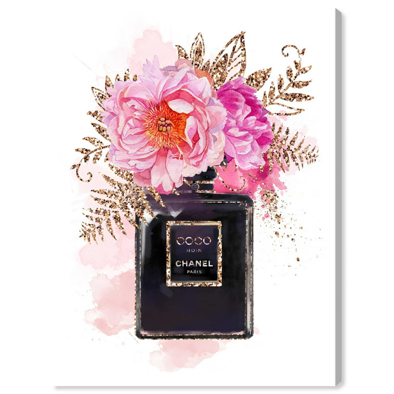 Runway Avenue Fashion and Glam Wall Art Canvas Prints 'Bottled Floral Scent'  Perfumes - Pink, Black 