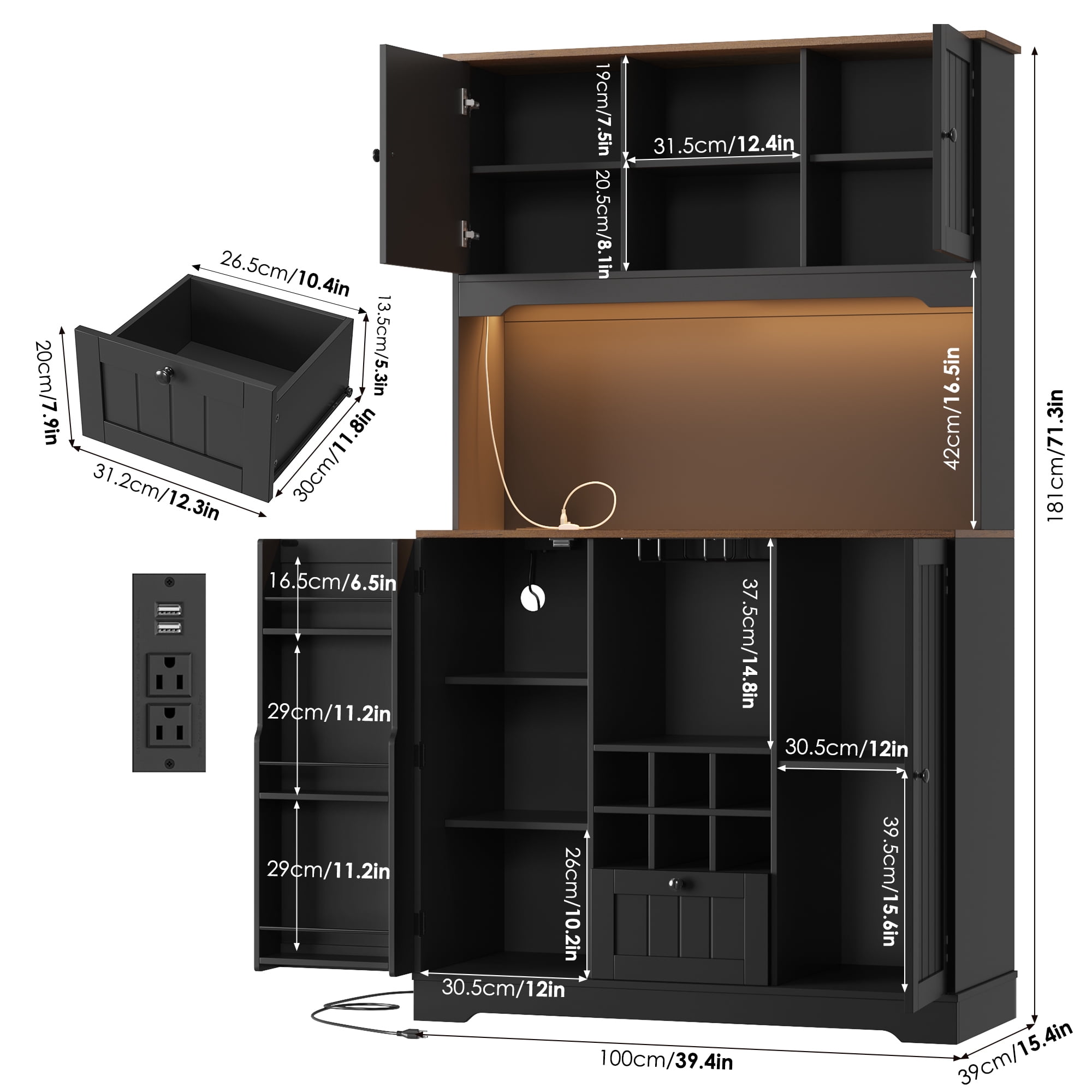 Homfa 71.3'' Kitchen Pantry Storage Cabinet with Charging Station, LED Light Kitchen Hutch Cabinet with Doors and Shelves and Wine Holder, Black