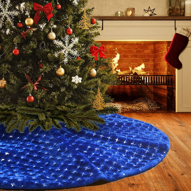 Hongchun Blue Christmas Tree Skirt Plush 30 inches Dark Blue Fur Christmas Tree Skirt Mat with Silver Cross Sequin Xmas Tree Skirt Base Cover Blue C 78cm Walmart
