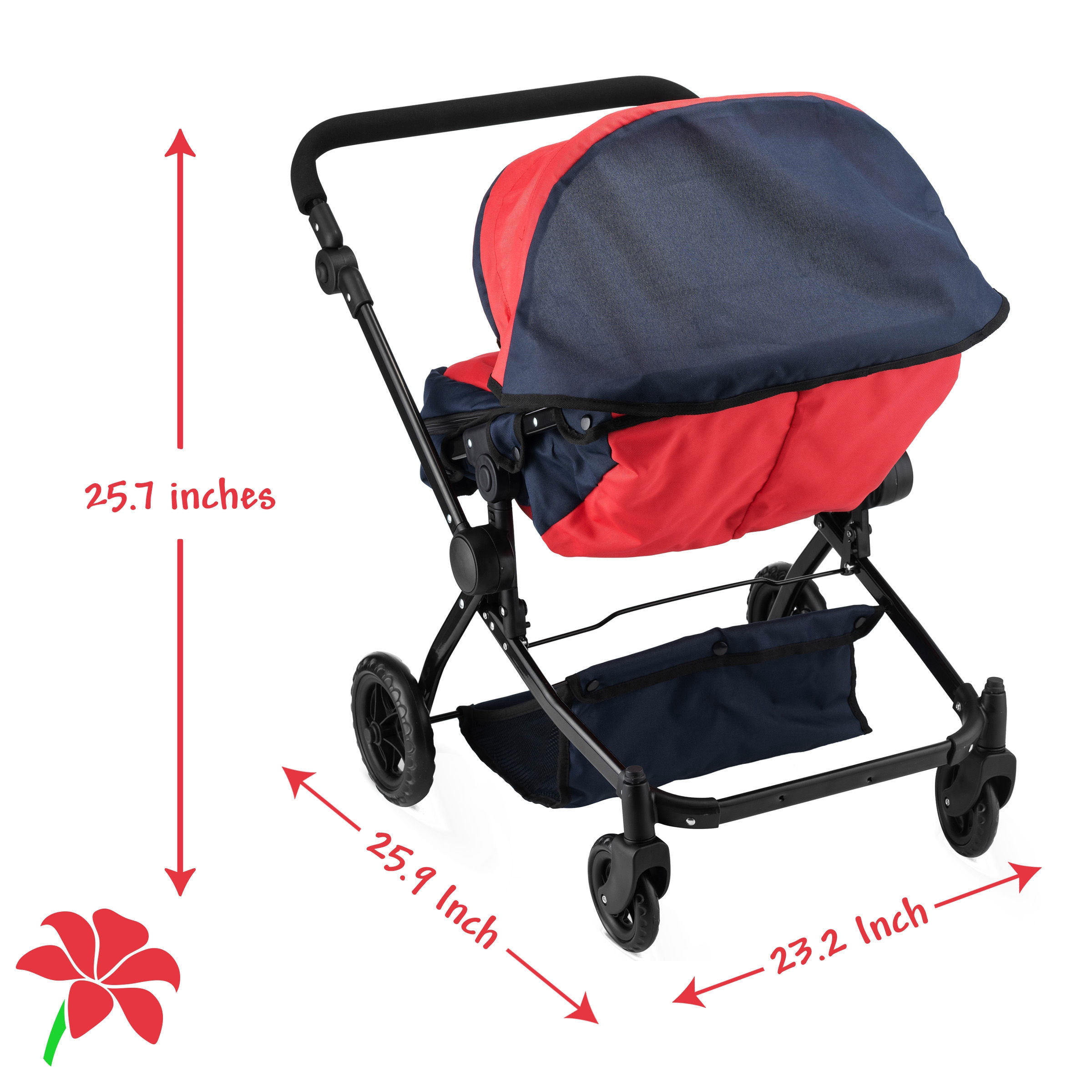 HUSHLILY - Reversible Double Doll Luxury Stroller with Adjustable Canopy & Basket (Red & Denim Blue)
