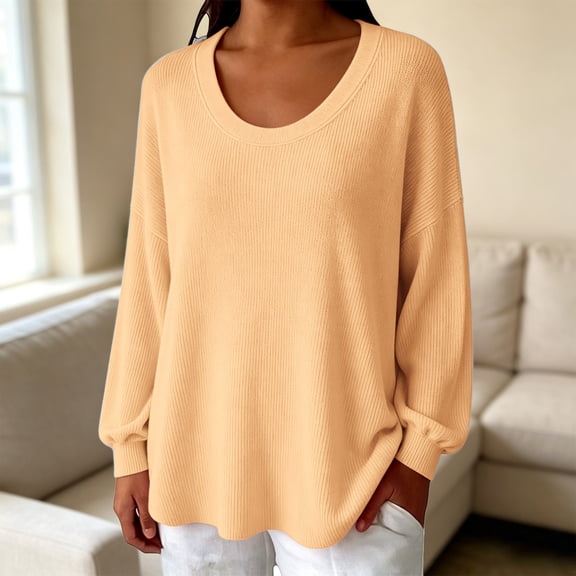 ZDNIXIAN Crewneck Sweaters for Women, Long Sleeve Ribbed Cuff Loose Fit Knit Pullover Jumper, Soft Stretchy Casual Knit Tops, Lightweight Oversized Sweater Shirts