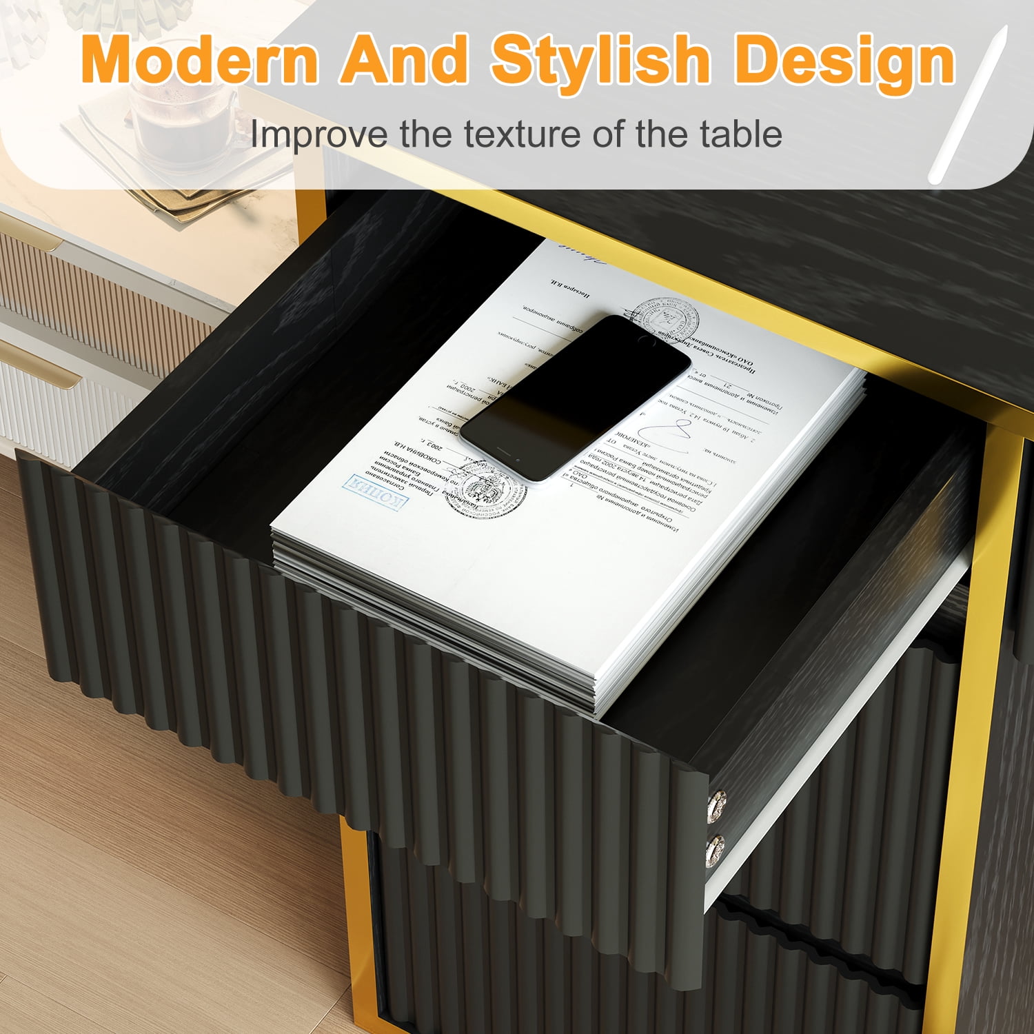 DreamCurship Computer Desk with 4 Storage Drawers, Home Office Desk with Storage, Writing Desk for Study, Modern Writing Table, Black and Gold Desk