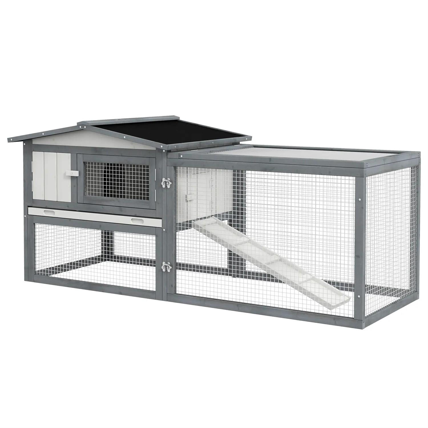 Pefilos 61" Outdoor Wooden Rabbit Hutch with Run, Trays and Feeding Trough, Outdoor Bunny Enclosure Guinea Pig Cage for Small Animals, Gray