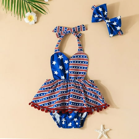 

Baby Girls 3M-18M Sleeveless Independence Day 4th-of-July Stars Striped Printed Tassels Backless Romper Bodysuitt Headbands Outfits