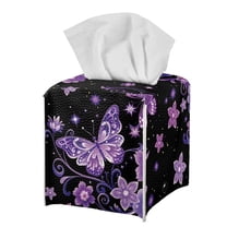 FUIALDOLG Tissue Box Cover Waterproof, Purple Butterfly Flower Square PU Leather Tissue Box Holder, Modern Facial Paper Organizer Dispenser for Bathroom, Car, 5.1''X5.1''X5.5''