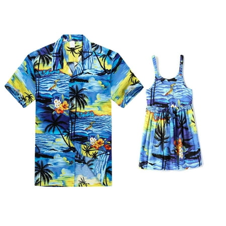 Matching Father Daughter Hawaiian Luau Outfit Men Shirt Girl Dress PW Blue Sunset S-2