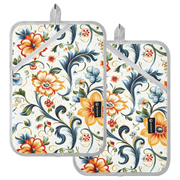 Ryvnso Blooming Flower Pattern Oven Mitts Heat Resistant Pot Holders Set of 2 Hot Pads