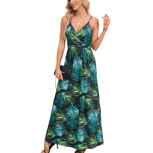 Vestido de Verano 2025 para Mujer, con Estampado Floral, Lazo Frontal, Tirantes Finos, Informal, Bohemio, , Suelto, Verde Talla S