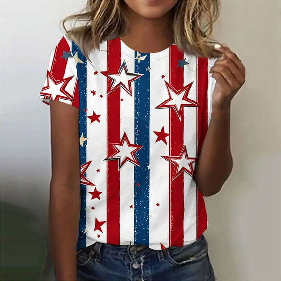 Cavosen Patriotic Tops for Women Petite 4th of July Short Sleeve Crew Neck Tops American Flag Print T Shirts Lady XL Red White and Blue Casual Tops Funny Patriotic Tunic Tees 2025 Patriotic Clothes