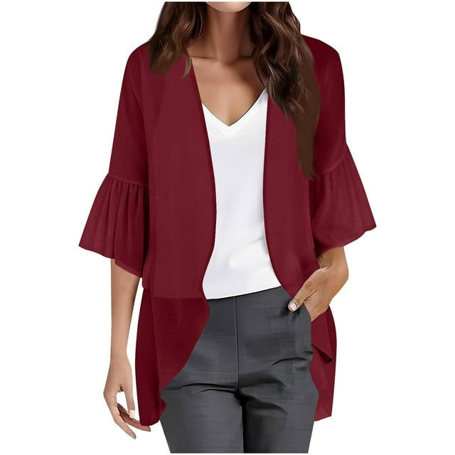 BiZtdJrK Cadeaux pour la Fête des Mères! Kimono en Chiffon pour Femmes Cardigans Décontractés Manches Bouffantes 3/4 Hauts de Sortie Rouge P