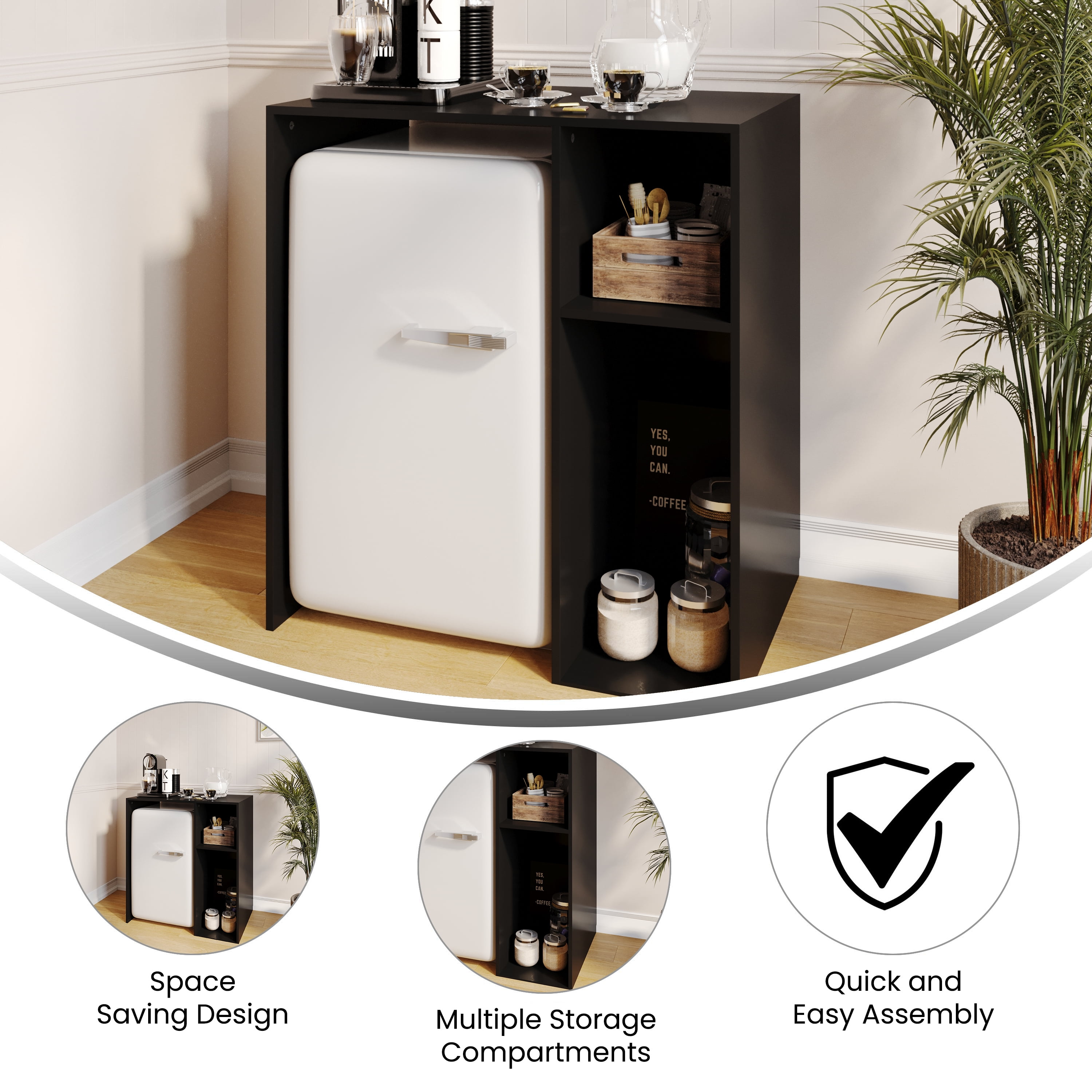 Emma + Oliver Mini Fridge Overshelf with Dual Side Cubbies in Black