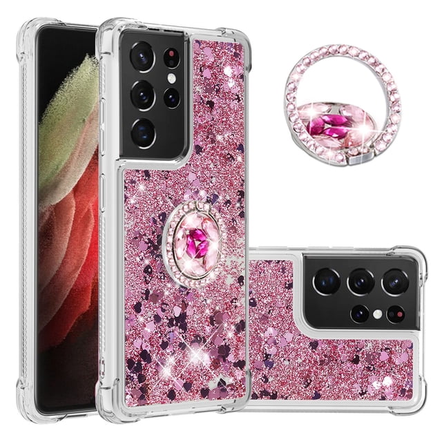 Funda para Samsung Galaxy S21 Ultra 5G con Brillo Líquido Flotante, Purpurina, Parachoques y Anillo Giratorio Soporte