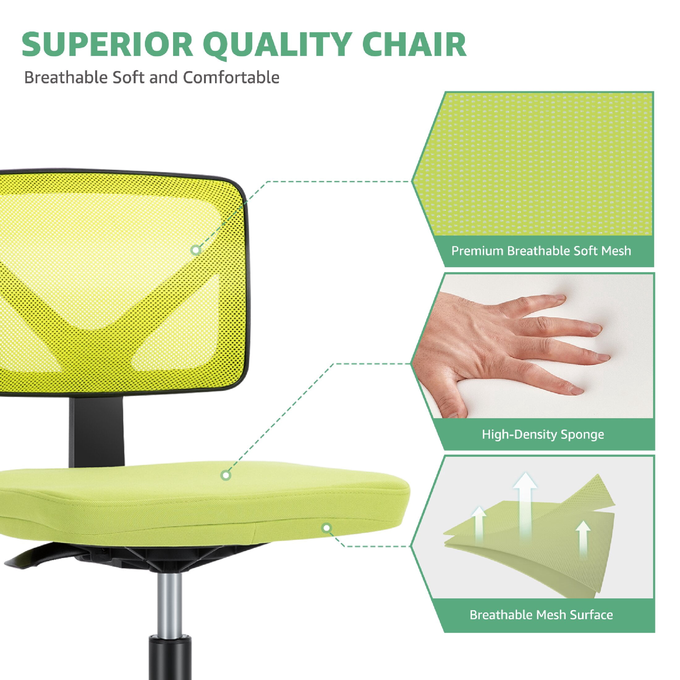 CONCETTA Armless Office Computer Desk Chair, Ergonomic Low-Back Mesh Rolling Work Swivel Chairs with Wheels, Green