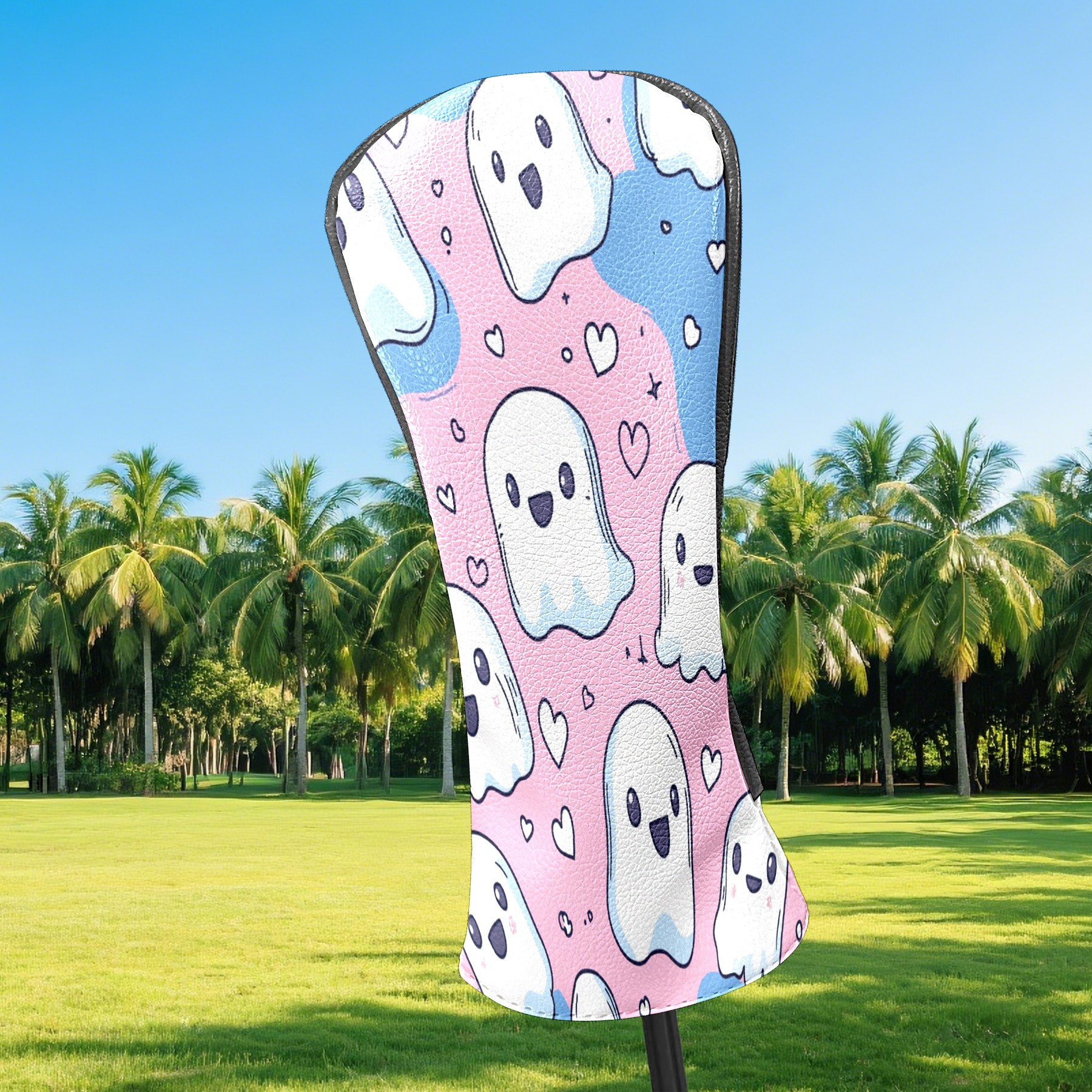 Golf Club Covers, PinkBlue Heart Ghosts Premium PU Leather Driver Hybrid Putter Head Covers with Velvet Lining, Waterproof Golf Gifts for Men Women