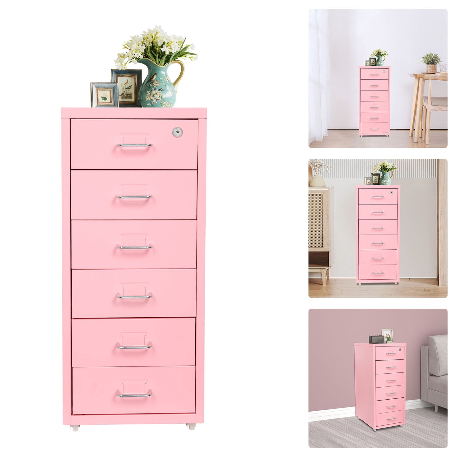 ToppiJoy 6 Tiers Rolling File Cabinet, 27in Metal Filing Cabinets with Lock for Home Office Pink