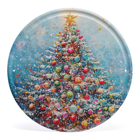 Round Tin Sign Snowy Pine Tree Retro Metal Tin Sign Merry Christmas Beautiful Christmas Tree Print Signs Wall Art for Home Living Room Outdoor Or Indoor Wall Decor 8"x8"