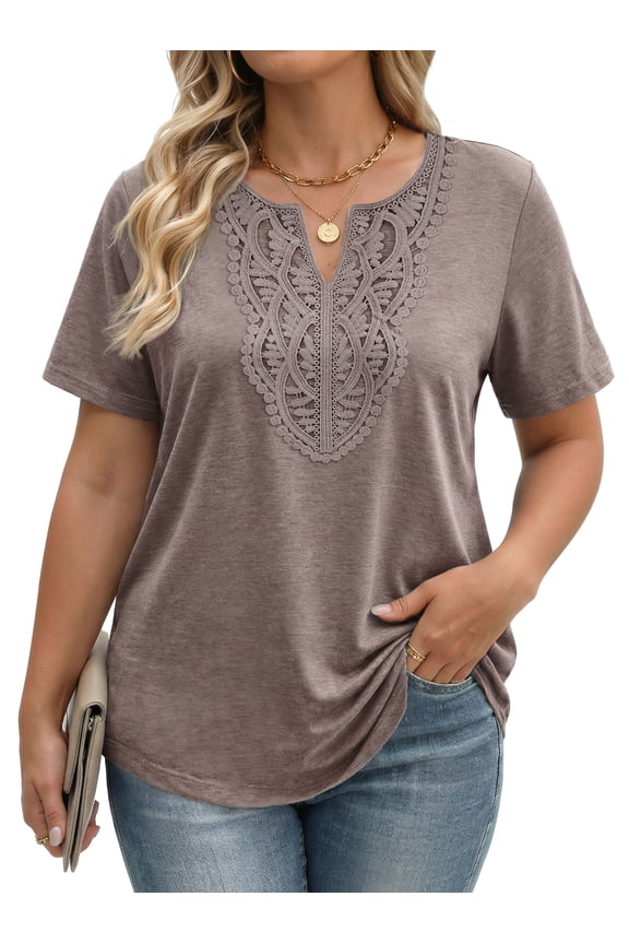 Lace Plus Size Tops for Women V Neck Short Sleeve Blouses Summer Tunic Shirts