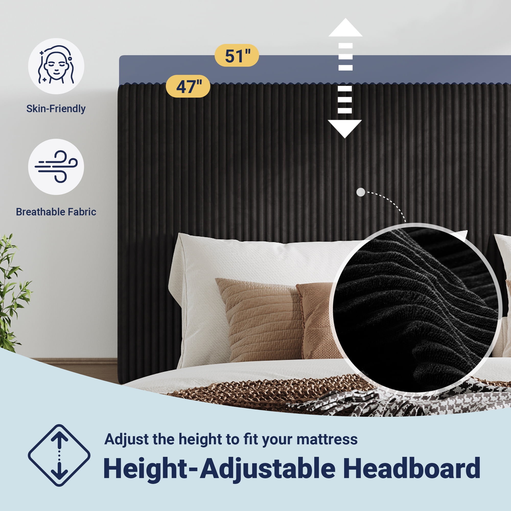 Allewie Queen Size Upholstered Bed Frame with Vertical Channel Tufted Headboard, Soft Corduroy Fabric Platform Bed, Black