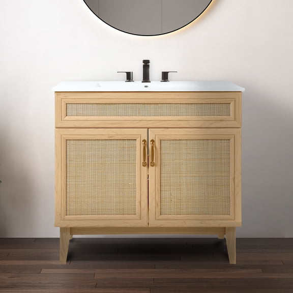 JONATHAN Y Javer 36 in. W x 18 in. D x 33 in. H, Rattan 2-Shelf, Bath Vanity Cabinet ONLY, Oak, VAN1011A