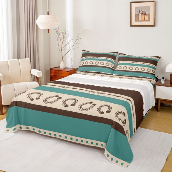 jejeloiu Rustic Western Horseshoe Full Size Sheets Kids,Vintage Cowboy Print Bed Sheets,4-Piece