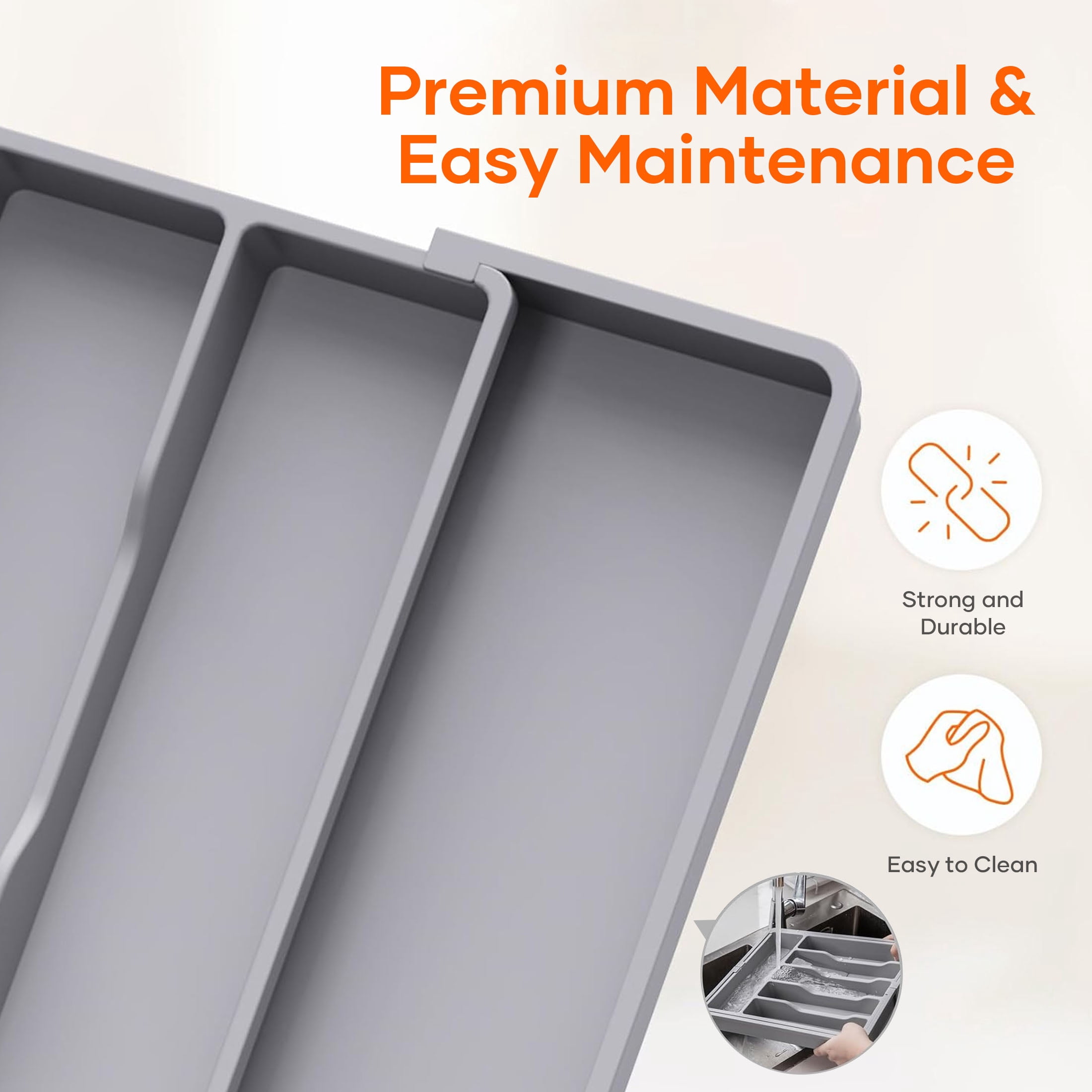 ORFELD Extendable Utensil Tray for Drawer,Multipurpose Kitchen Organizers and Storage Solution，Adjustable BPA-Free Cutlery Holder for Spoons, Forks, Grey