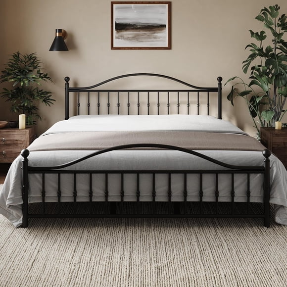 Classic Metal Bed Frame, King Bed Frame with Victorian Vintage headboard, Footboard and Under Bed Storage,Easy Assembly, No Box Spring Needed, 12.6 Inch, Black