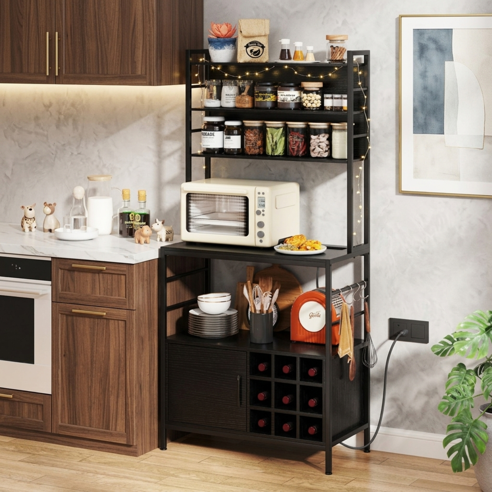 RUIE Coffee Bar Cabinet with Wine Bottle Holders and S-Hooks, Kitchen Baker's Rack Buffet Sideboard with ETL Power Outlet and Anti-Tipping Kit, Black
