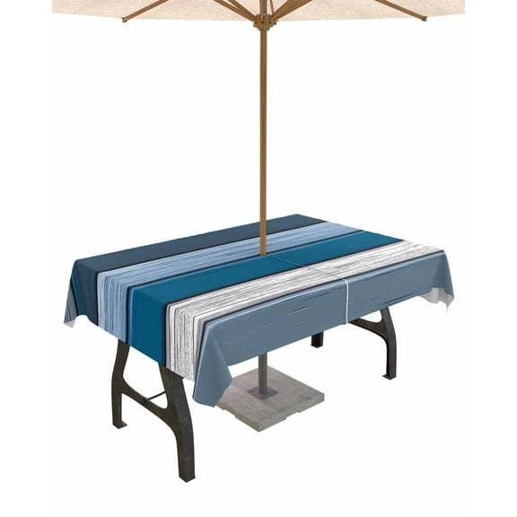 Fsddascl Farmhouse Navy Blue Ombre Outdoor Tablecloth - 52x70 Inch Rectangle Dining Table Cover, Country Vintage Wooden Waterproof Outdoor Table Cloth with Umbrella Hole & Zipper for Picnic/Patio