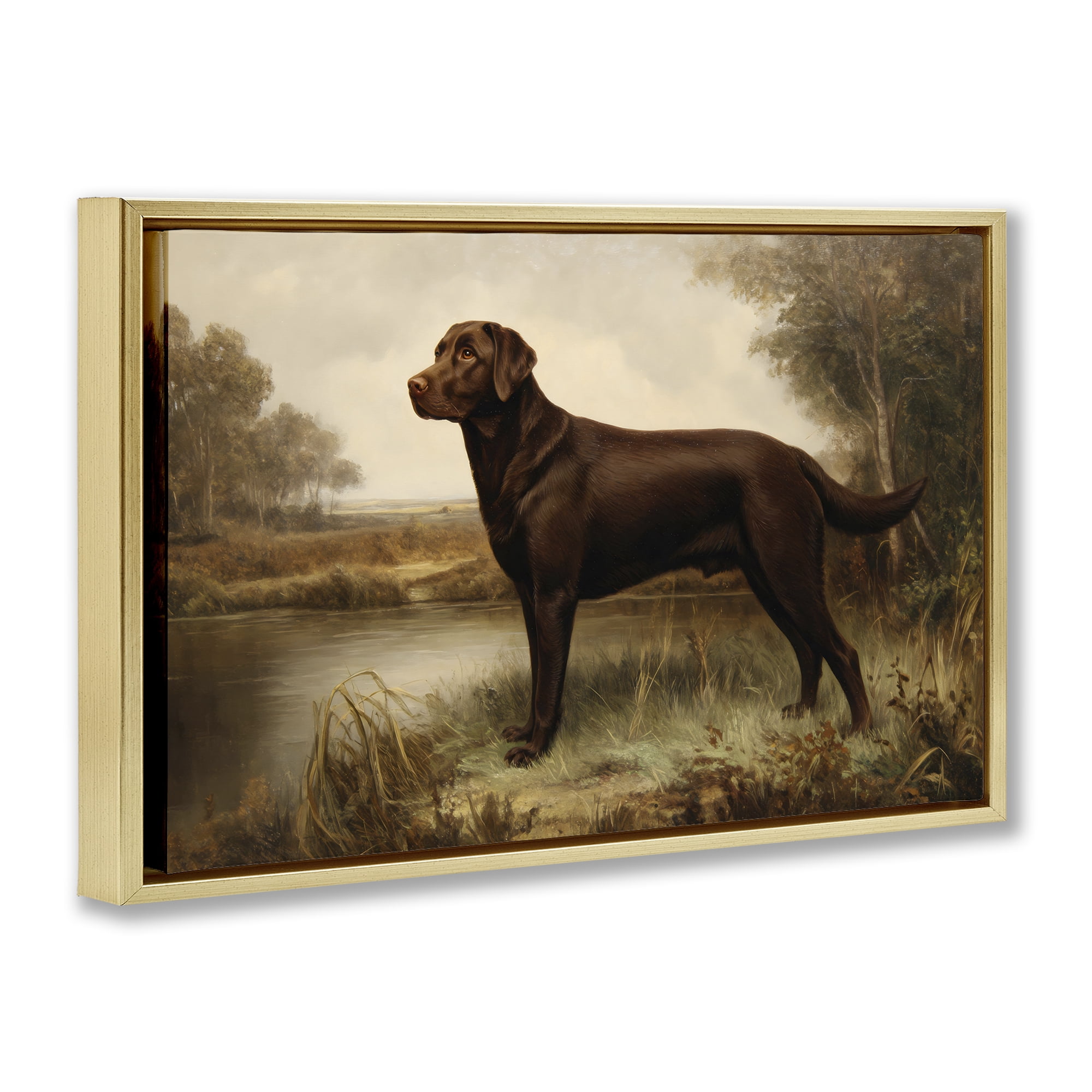 Stupell Industries Brown Lab By The River Gold Framed Floater Canvas Wall Art, design by Petal Prints Design