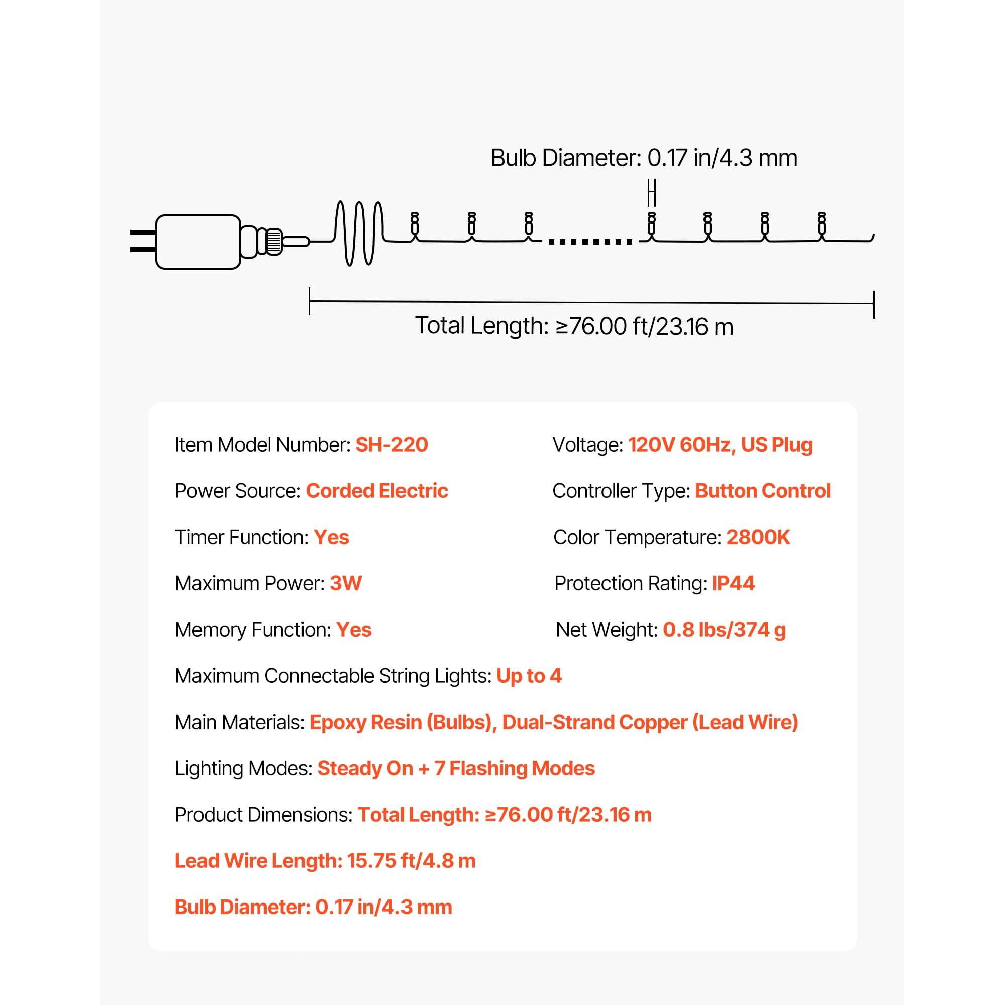 76FT 200 LED Warm White Christmas String Lights, 2800K Plug-in Fairy Lights 8 Modes Memory Function, 6H Timer IP44 Waterproof, Connectable up to 4 Sets Indoor Outdoor Holiday Decor