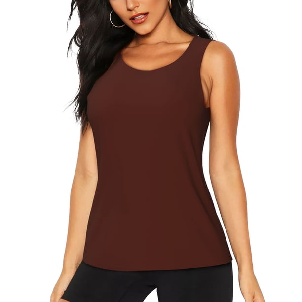 Fotbe Brown Blusas Sin Mangas para Mujer – Estilo Casual, Corte Suelto, Slim-Fit, Cuello Redondo Deportivo, Tops de Verano para Gimnasio y Yoga-Large