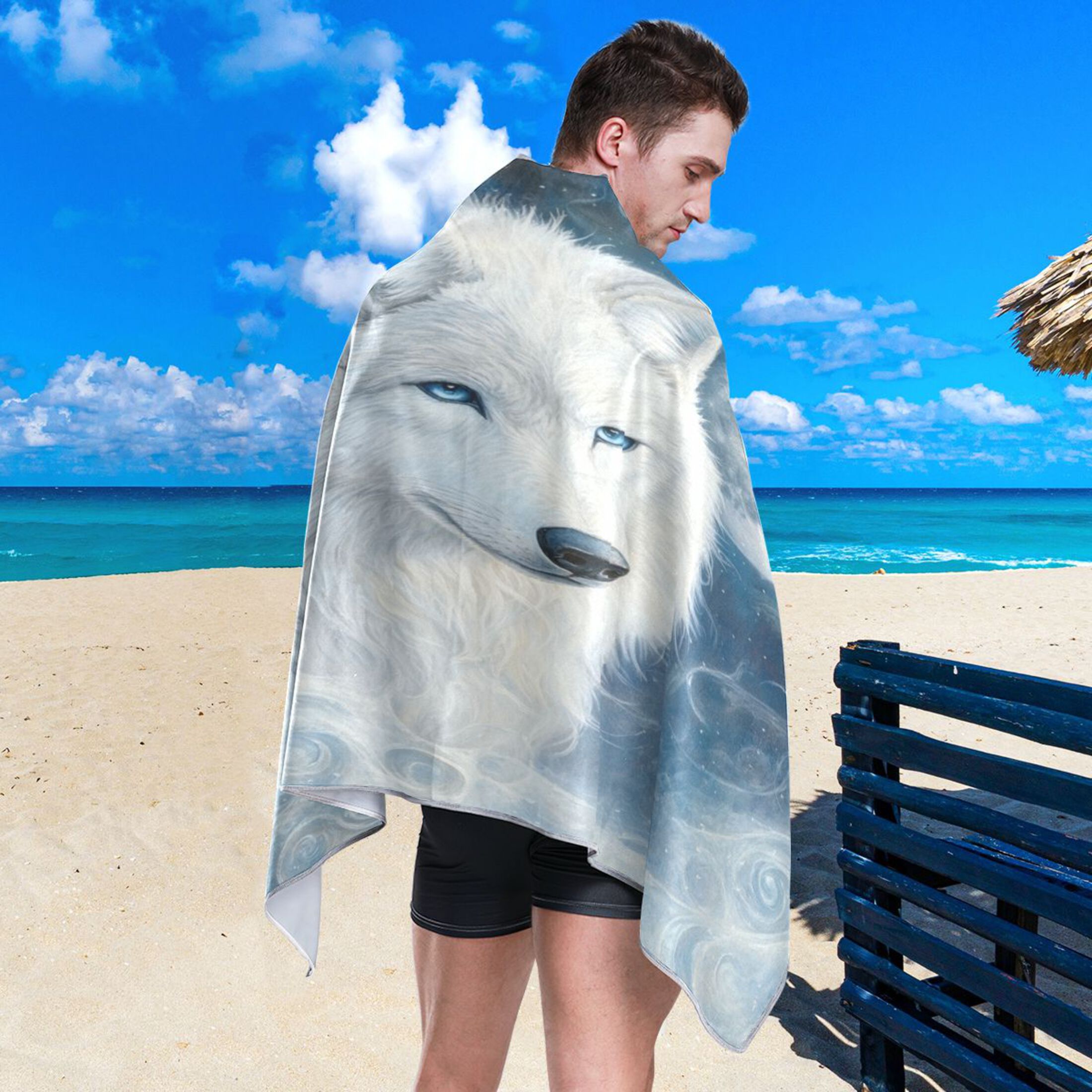Qxltty Cool White Wolf Beach Towel Sand Free Bath Towel Absorbent Quick Dry Soft Lightweight Blanket for Travel Gym Camping 71x31in