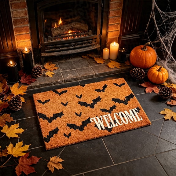 Halloween Coir-Look Doormat, Spooky Patterns Welcome Front Door Mat, Anti-Shed Entryway Floor Rug for Fall Holiday Outdoor Decor