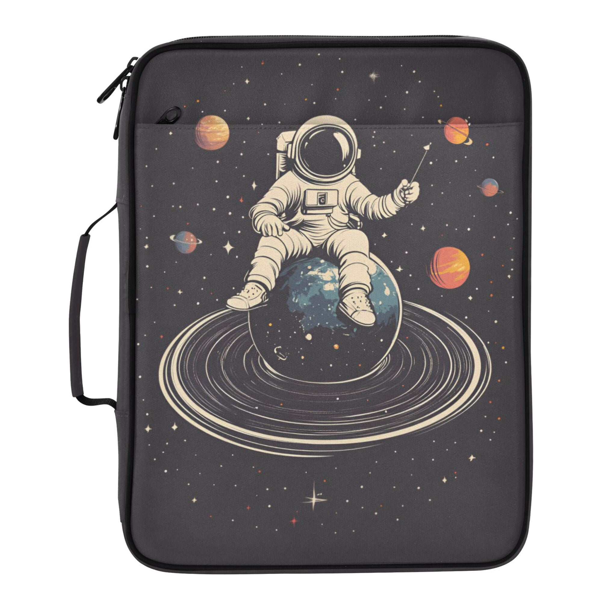 FORMRS Accordion File Folder A4 Size 7-Pocket Expanding Document Organizer Bag with 3 Ring Binder, Black Astronaut Space