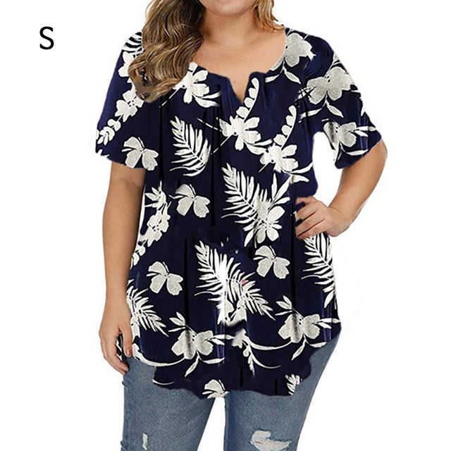 Camisa de mujer Camiseta de manga corta con estampado floral Blusa con cuello en V, Azul, S Speravity AP002466-33