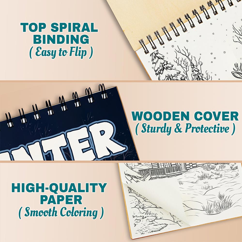 Netecom Winter Coloring Book Spiral Bound for Adults, A5 Wooden Cover, 30 Tranquil Coloring Pages of Serene Winter Landscapes for Stress Relief and Relaxation