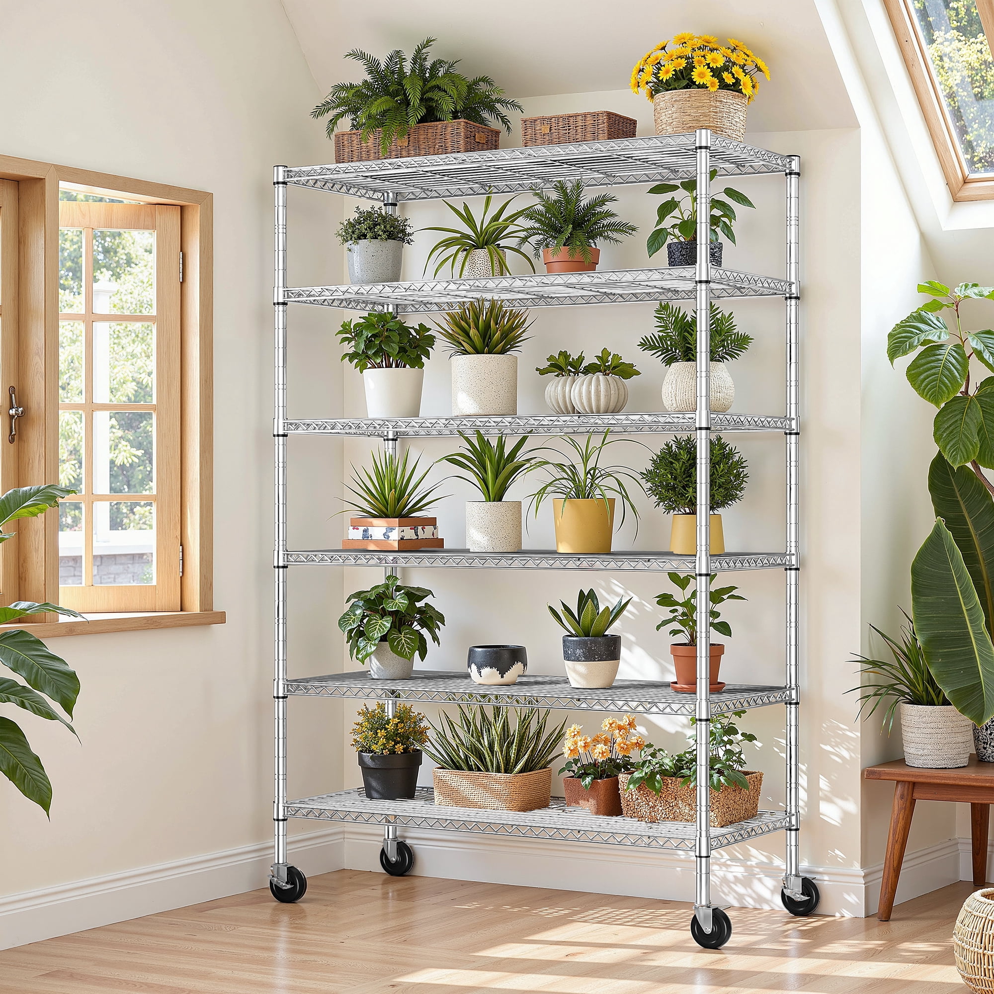 REIBII 6-Tier Wire Shelving Unit with Wheels, 82"H x 45"W x 18"D, 1800lbs Capacity,Adjustable Metal Storage Shelves for Garage,Kitchen,Pantry,Silver