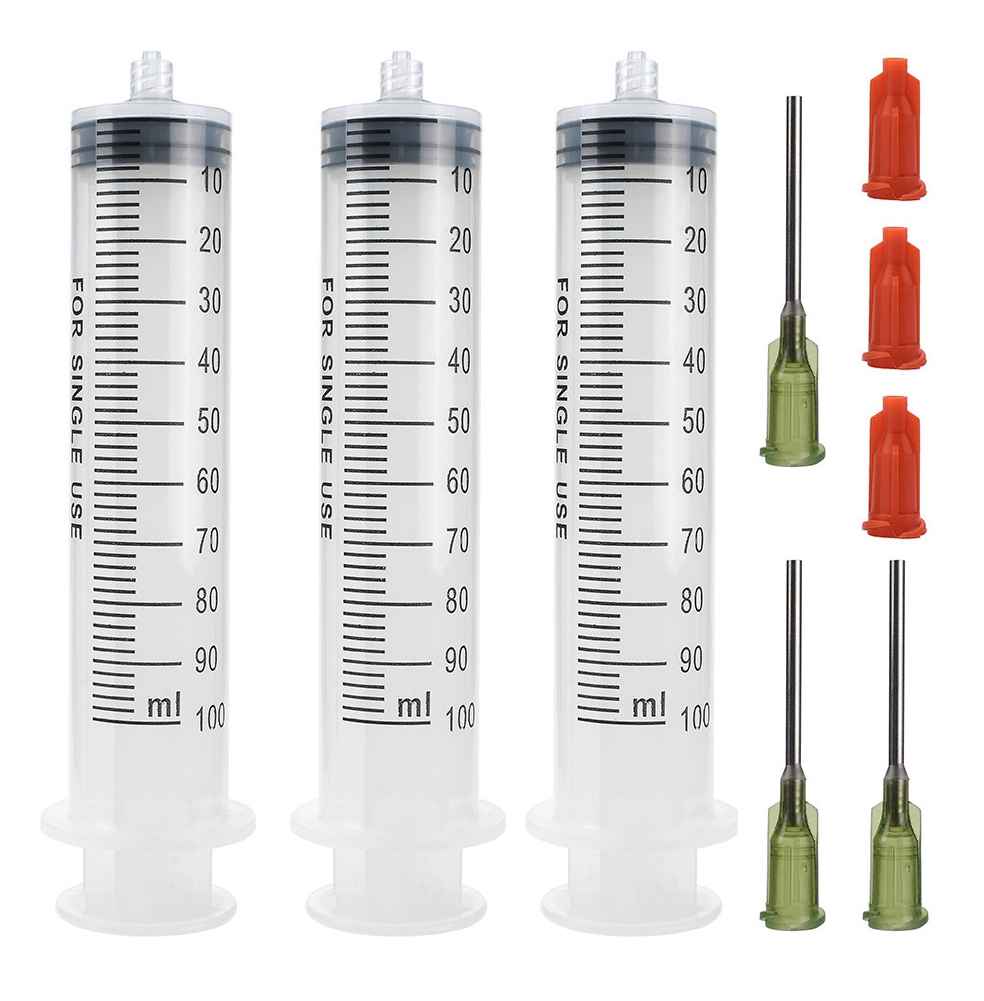 3 pcs 100ml Syringes with 14G 1.0'' Blunt Tip Needles and Storage Caps(Luer Lock), Plastic