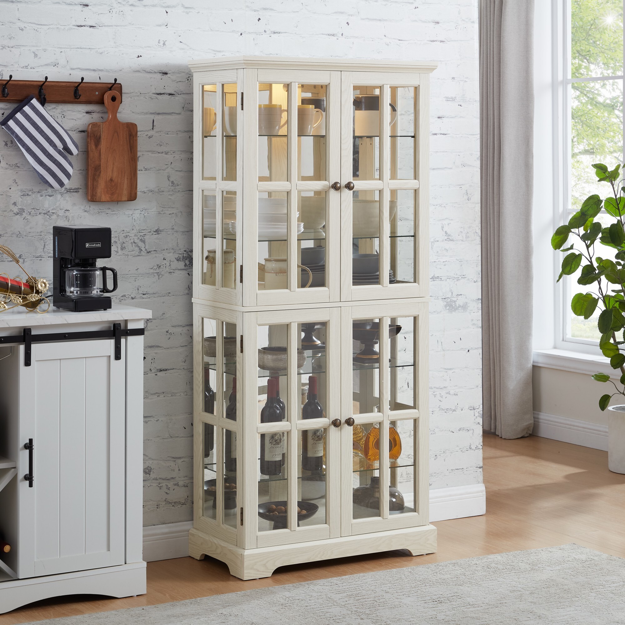 AENKYO 68" Antique Glass Display Case with E26 Bulb & Adjustable Shelves - Elegant Curio Cabinet for Living Room, White