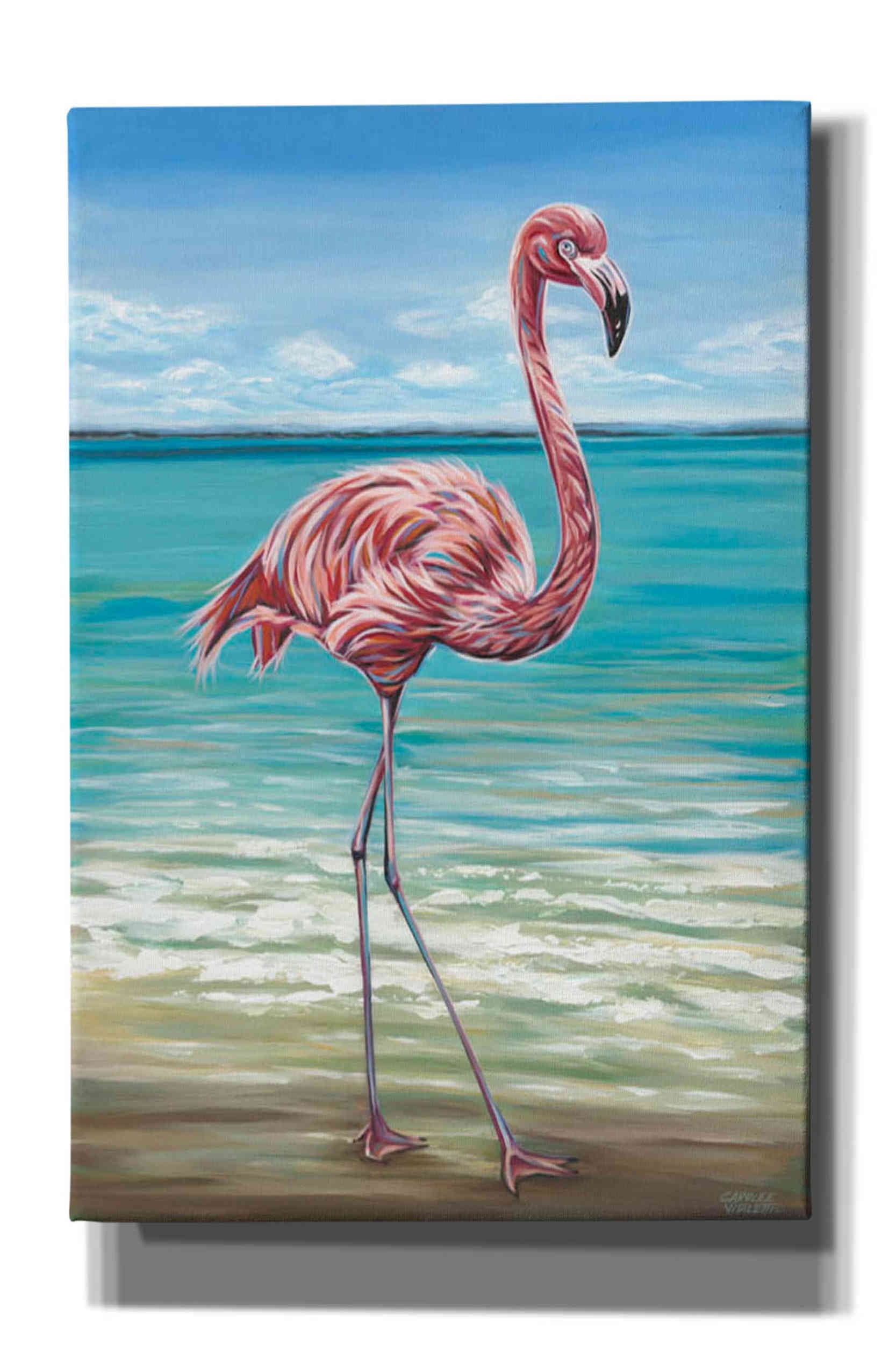 Beach Walker Flamingo Canvas Wall Art in Pink and Blue