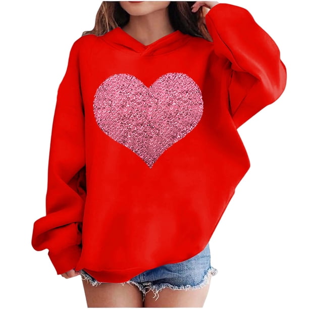 Sudadera con capucha y estampado de corazón de San Valentín, sudadera de manga larga para niños y niñas, chaqueta para niñas de talla mediana y grande.