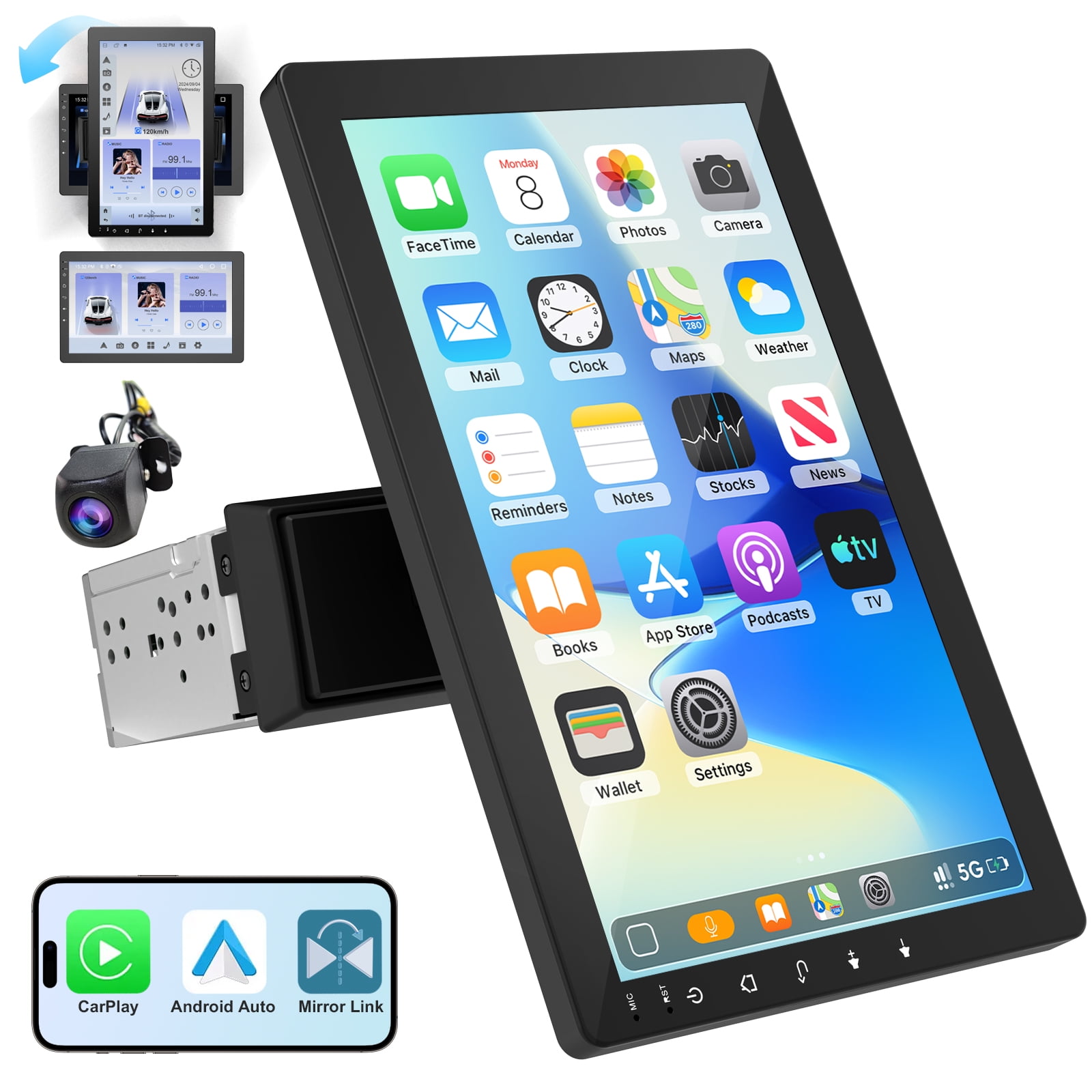 10.1" Rotatable Touch Screen Car Stereo Single Din,Wireless CarPlay/Android Auto,AHD Backup Camera,GPS Navigation,2GB+32GB,Hi-Fi Sound, Bluetooth 4.2