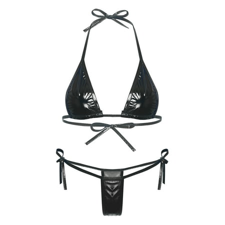 YIZYIF Womens Metallic Bikini Set Halter Triangle Bra with Mini G-String Thong Swimwear Black-A One Size
