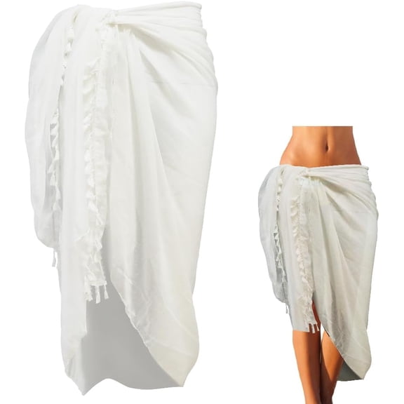 Long White Tassel Sarong Beach Cover Up Pareo Swimsuit Mesh Sheer Scarf Coverup Fashion Rectangle Cotton Suit Wrap Bottom Coverups Shawls for Women Skirt Accessory White DIY
