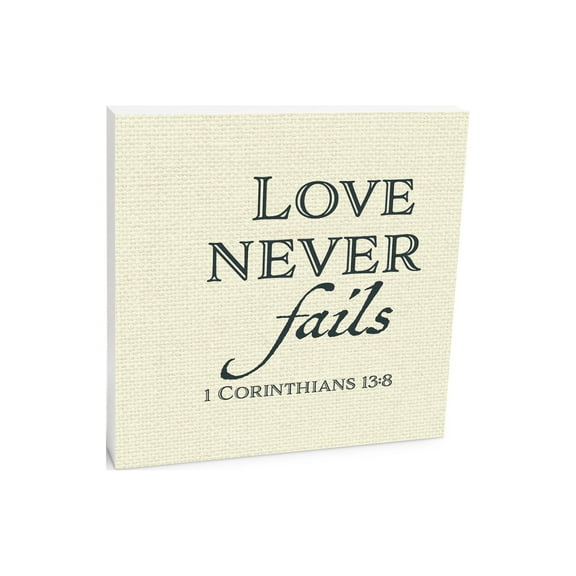 Love Never Fails Banana Cream Textile 10 x 10 Wood Tabletop Sign Plaque