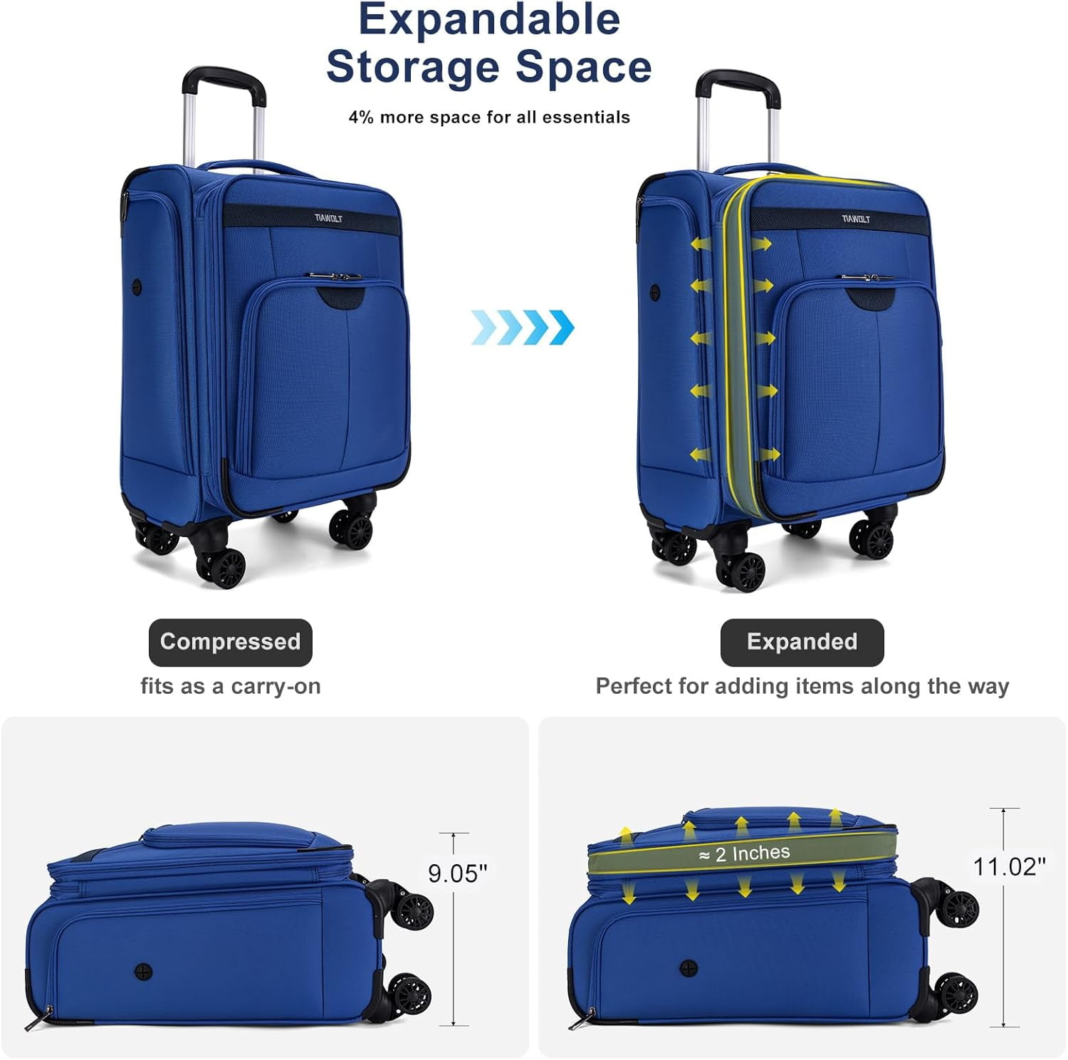 TIAWOLT Carry On Luggage 22x14x9 Airline Approved with Wheels Softside Expandable Luggage Suitcase with TSA Lock-Blue