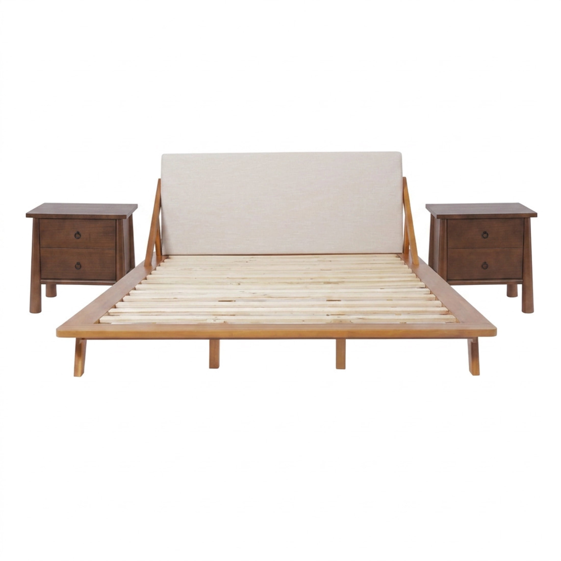 Christopher Knight Home Modern Queen Upholstered Platform Bed with 2 Brown Nightstands, Natural+Beige