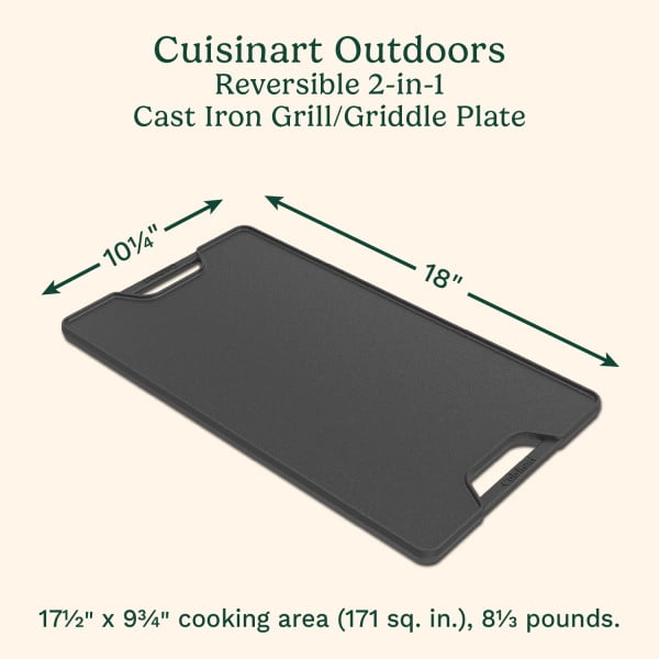 Cuisinart 2-in-1 Reversible Cast Iron Grill/Griddle Plate, Cooking for Campfire, Oven, Stovetop, Grill, 17.5” x 9.75” Dual-Sided Plate for Searing and Frying