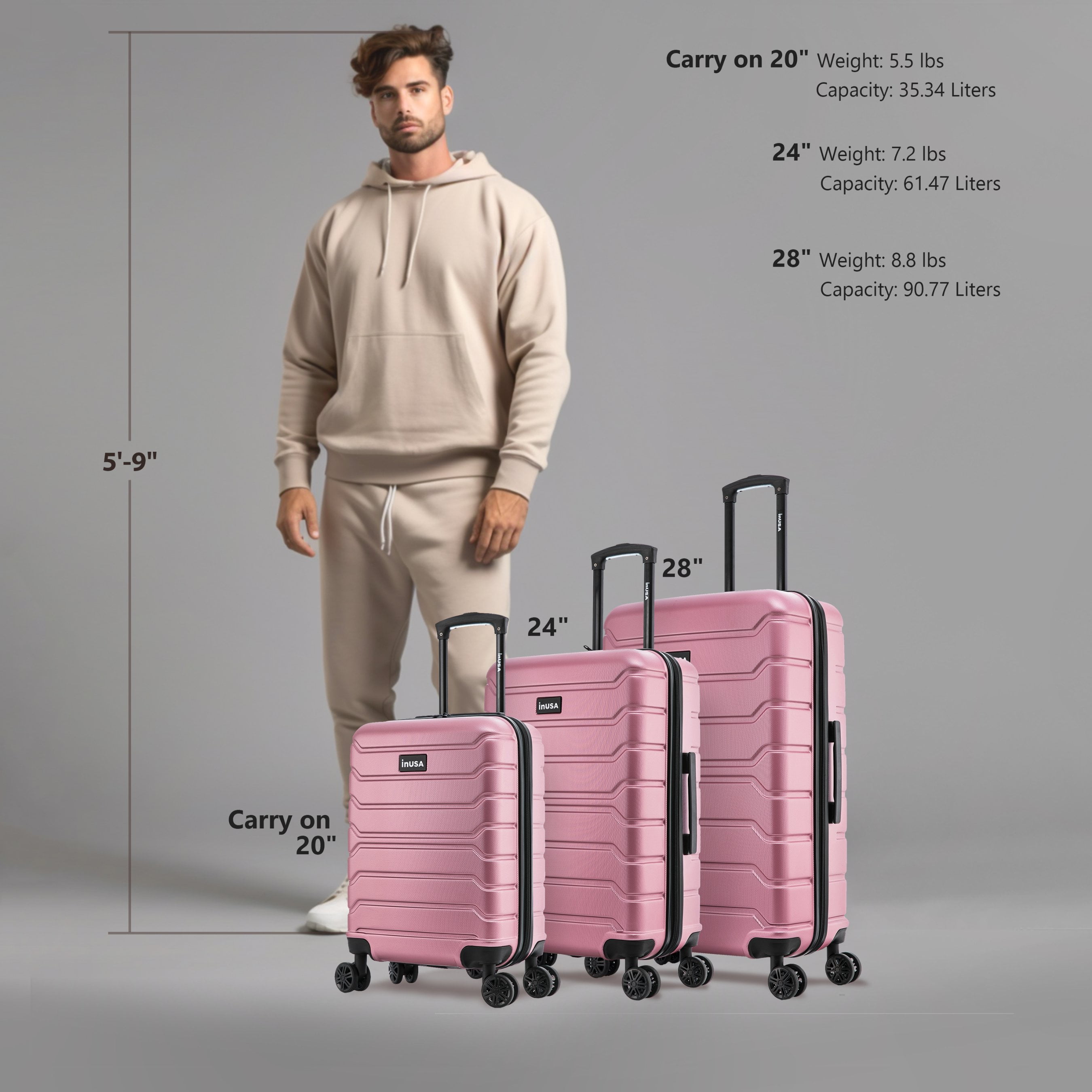 InUSA Trend 3-Piece Hardside Luggage Sets with Spinner Wheels, Handle, Trolley, (20"/24"/28"), Rose Gold
