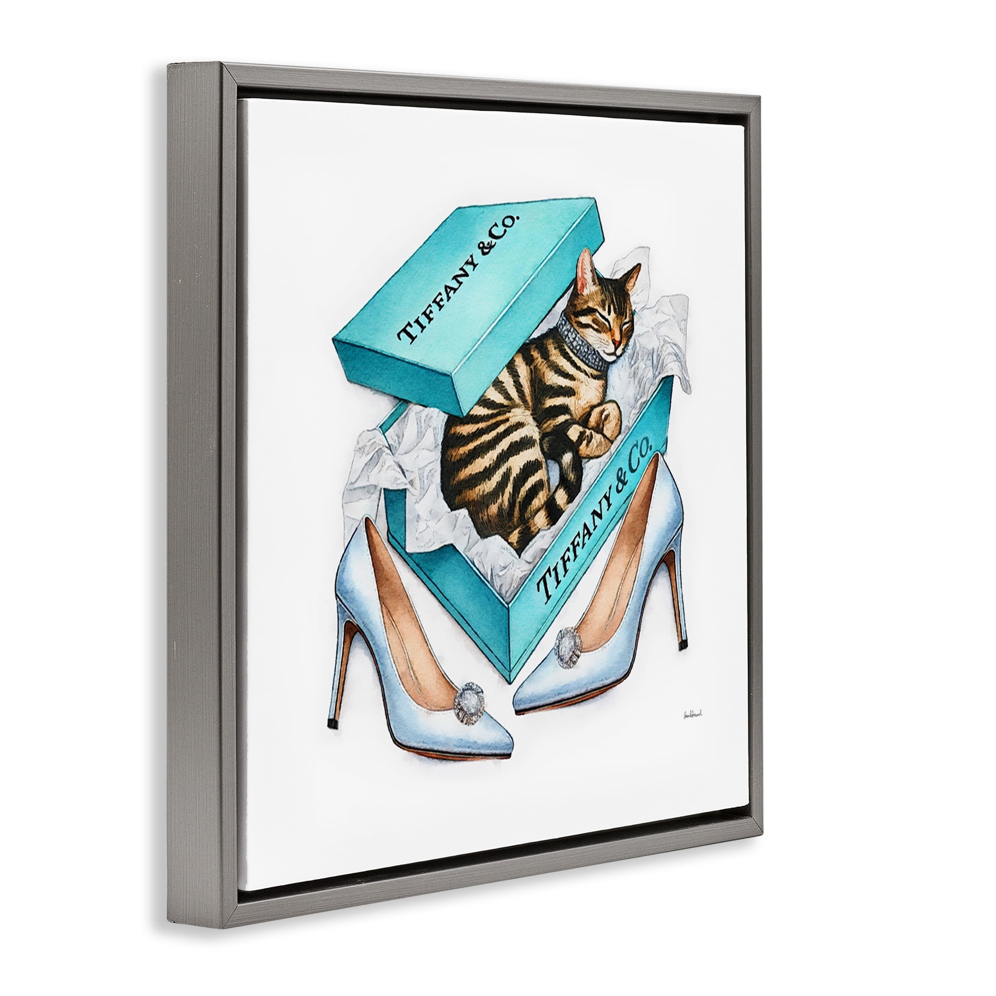 Stupell Industries Blue Shoebox with Kitty Animals Painting Gray Floater Framed Canvas Art Print Wall Art, 25 x 25